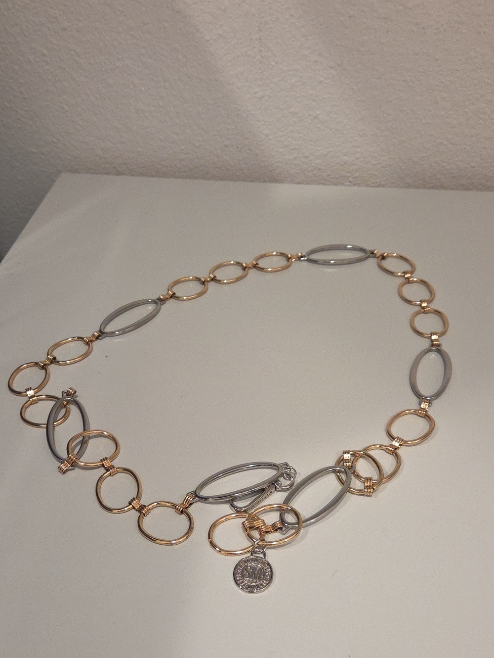 Steve Madden Two-Tone Gold and Silver Link Waist Belt with Coin Charm